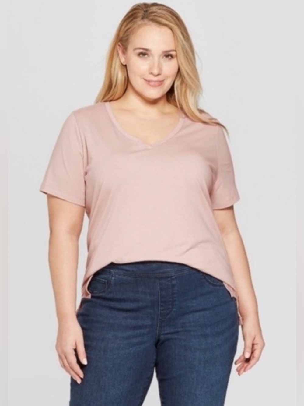 Classic V-Neck Short Sleeve Top - Blush Pink soft girl 2X